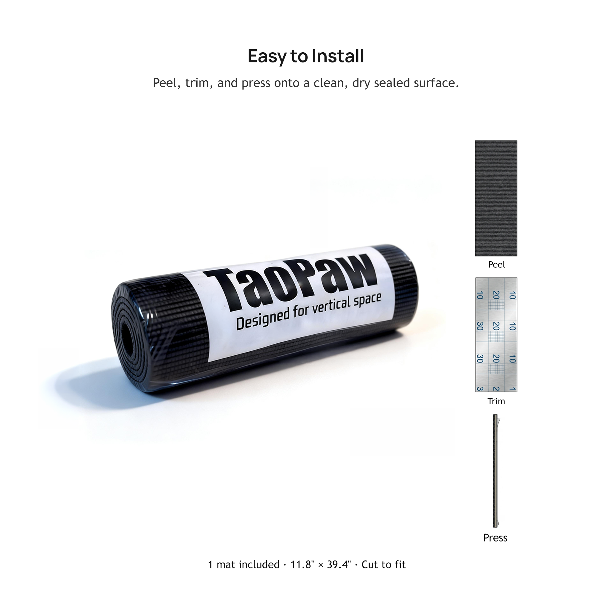 Rolled TaoPaw mat and peel, trim, press installation sequence